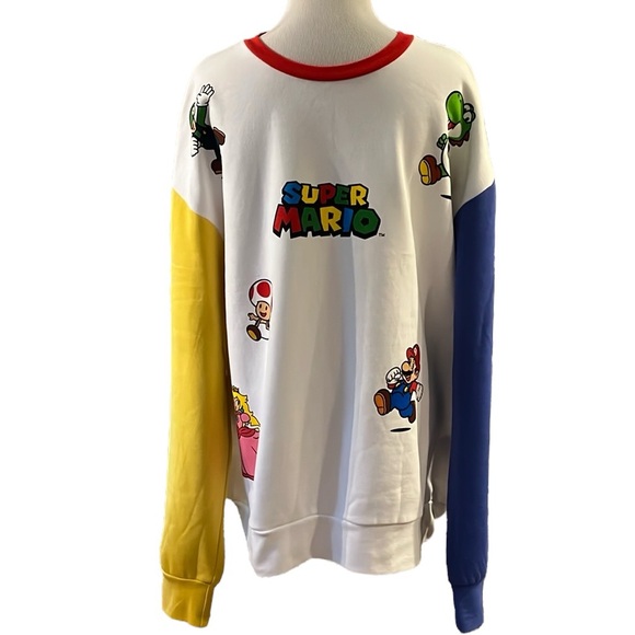 MAD ENGINE SUPER MARIO COLOR BLOCK GRAPHIC PRINT SWEATSHIRT WHITE MULTI SIZE L - Picture 1 of 15